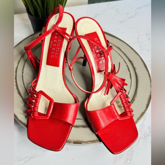Christian Lacroix Tassel Accent Red Leather Slingback Heels Women’s US  6 - Picture 6 of 7